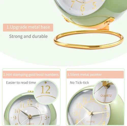 Vista 5 de Tetino Relojes despertadores analógicos, retroiluminación retro, bonito diseño simple, pequeño reloj de escritorio con luz nocturna, silencioso sin
