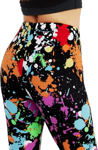 Vista 6 de sissycos - Leggings elásticos y suaves para mujer, con estampado salpicado artístico de neón y estilo de los años 80