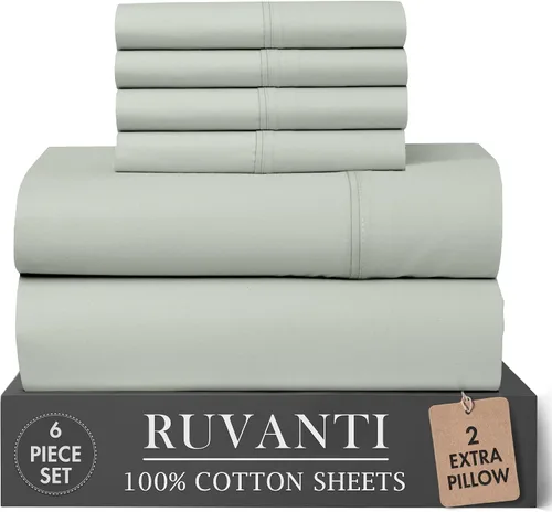Vista 21 de RUVANTI Juego de sábanas de 4 piezas de algodón 100% natural de percal suave, ligero y transpirable, con bolsillos profundos de 16 pulgadas