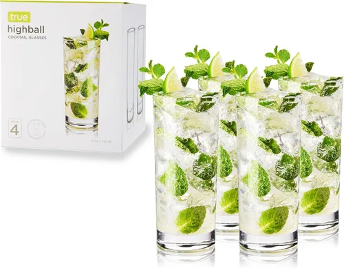 Vista 10 de Vasos altos True, juego de 4 vasos altos de vidrio para cócteles, mojito, té helado, jugos, agua con gas, vasos de cocina, vasos para bar en casa