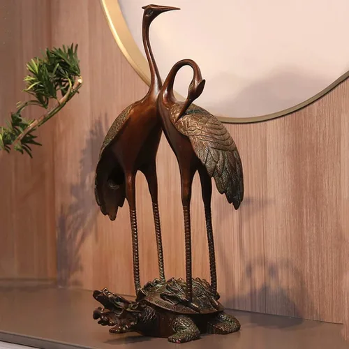 Vista 3 de Feng Chino Shui Estatua Escultura Cobre Puro Grúa Doble Felicidad Decoración Grúa Año Tortuga Sala de estar Ancianos Escritorio Decoración Regalo