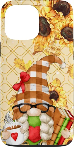 Vista 24 de Sunflower Gnome with Books for Tea Lover Librarian Reading Case for iPhone 16