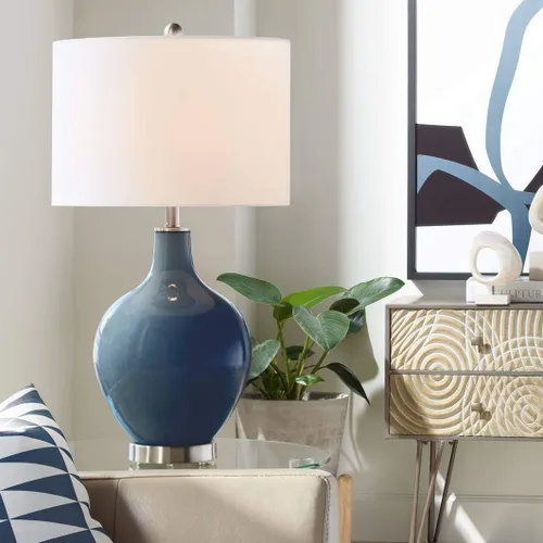Vista 20 de Color + Plus Lámpara de mesa moderna de 28.5 pulgadas de alto, cristal azul Mónaco OVO blanco con pantalla de tambor de lino para sala de estar