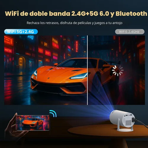Vista 5 de Mini proyector con WiFi y Bluetooth, proyector portátil con aplicaciones integradas, compatible con 4K 1080P Auto Keystone 220° giratorios pequeños