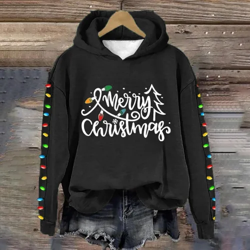 Vista 3 de Sudadera de manga larga con capucha para mujer, sin cremallera, con texto en inglés "Merry Christmas", holgada, plisada, informal, para otoño