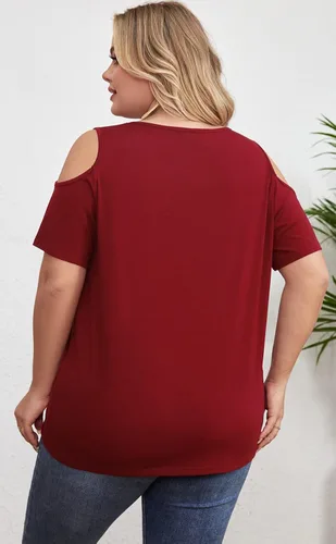 Vista 2 de Yiwixi Camisetas casuales de verano para mujer, con hombros descubiertos, manga corta, cuello redondo, ajuste holgado, tallas grandes, plisadas