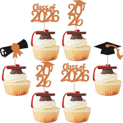 Vista 25 de 30 piezas de decoración para cupcakes de graduación para la clase de 2026 con purpurina brillante para el futuro diploma hecho 2026 Felicidades
