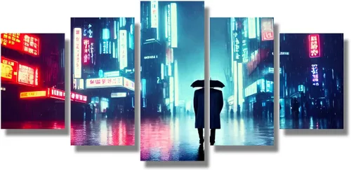 Vista 77 de Lienzo decorativo para pared, diseño de ciudad futurista Cyberpunk para sala de estar, impresión multipanel, obra de arte de cocina, pintura