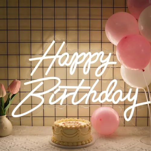 Vista 10 de Letrero de neón de feliz cumpleaños, letrero LED acrílico, letras iluminadas, letreros LED de neón para decoración de pared, telón de fondo