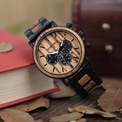 Vista 5 de BOBO BIRD Relojes de madera para hombre, con cronógrafo combinado de madera y acero inoxidable, cuarzo militar, relojes de pulsera casuales