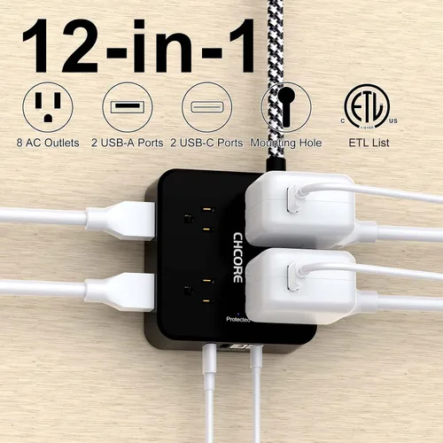 Vista 2 de Protector de Sobretensiones Tira de Alimentación - CHCORE Cable de Extensión Trenzado de 5 Pies con 8 Tomas con 4 Puertos USB (2 USB C) Estación