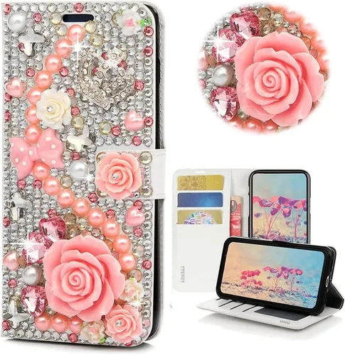 Vista 12 de Bling - Funda tipo cartera para teléfono compatible con Samsung Galaxy Z Fold 3 5G, elegante, hecha a mano en 3D con lazo de cristal, bolsa de rosa
