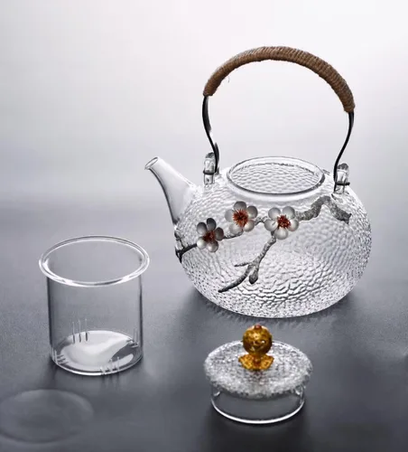 Vista 3 de Japanese Style Hammered Glass Teapot with Plum Blossom Decor 900ml (Removable Infuser)