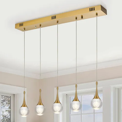 Vista 9 de Lámpara colgante LED moderna para isla de cocina, iluminación colgante de techo de cristal de lágrima dorada regulable para comedor, dormitorio