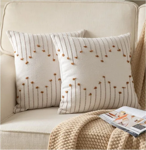 Vista 13 de Fundas de almohada boho de 12 x 20 pulgadas, juego de 2 almohadas decorativas para cama, fundas de almohada neutras color beige con línea negra