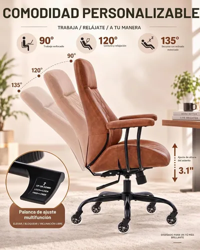 Vista 4 de E-Motie Silla de oficina de cuero, silla de escritorio moderna de mediados Marrón