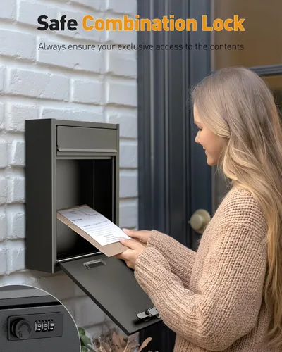 Vista 2 de Uniclife Buzón de Montaje en Pared para Exterior, Buzón Grande con Cerradura de Combinación, Buzón de Seguridad para Casa, Caja Segura para Depósito