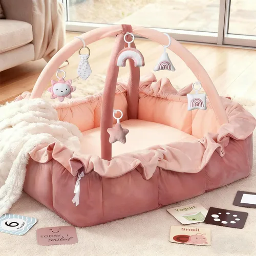 Vista 15 de Mallify Gimnasio de felpa 5 en 1 para bebés, tapete de juego para bebés, gimnasio convertible para bebés con manta y 6 juguetes, tapete