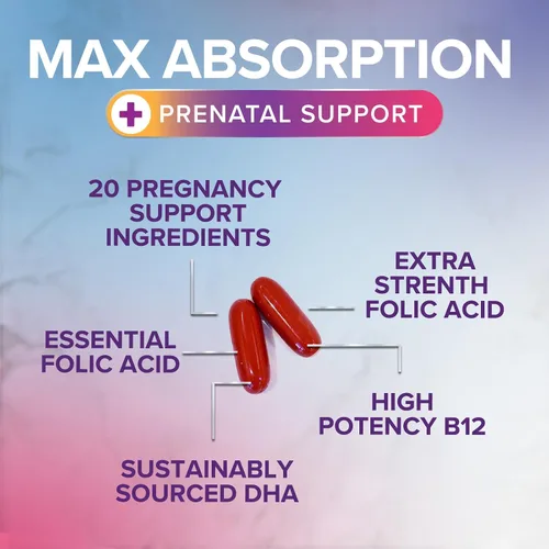 Vista 3 de Vitaminas prenatales para mujeres con ácido fólico + Omega 3 DHA para el desarrollo del cerebro fetal, el mejor suplemento de vitamina prenatal