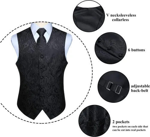 Vista 4 de Enlision Mens Vest Tie Set Paisley Vest and Necktie Pocket Square 3pc Formal Dress Waistcoat for Suit or Tuxedo