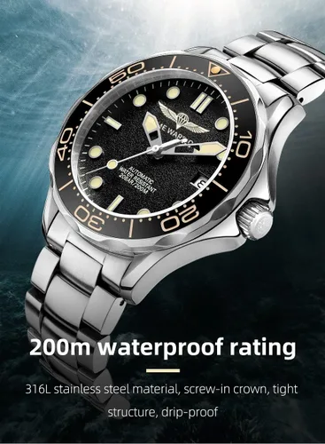 Vista 4 de Relojes para hombre NH35A automático buceo 42MM esfera negra texturizada 3D, reloj de acero inoxidable para hombre, Reloj de buceo