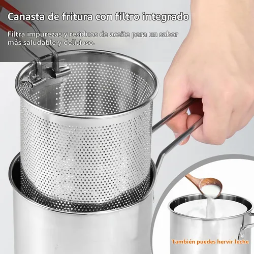 Vista 5 de Mini olla de acero inoxidable con asa y cesta coladora, mini freidoras de aceite para freidora, freidoras de grado alimenticio con tapa, olla