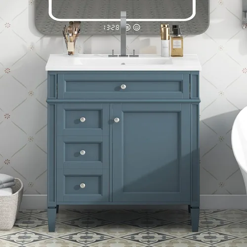 Vista 6 de Virubi Tocador de baño de 30" con fregadero de cerámica, gabinete de almacenamiento moderno