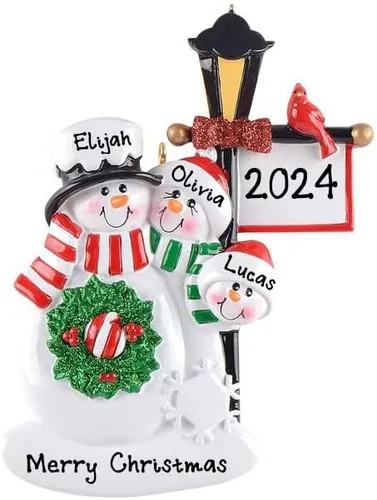 Vista 2 de Adornos de Navidad personalizados para la familia de muñeco de nieve 2025, muñeco de nieve, familia de 3 Navidad con bufanda roja y verde, copos