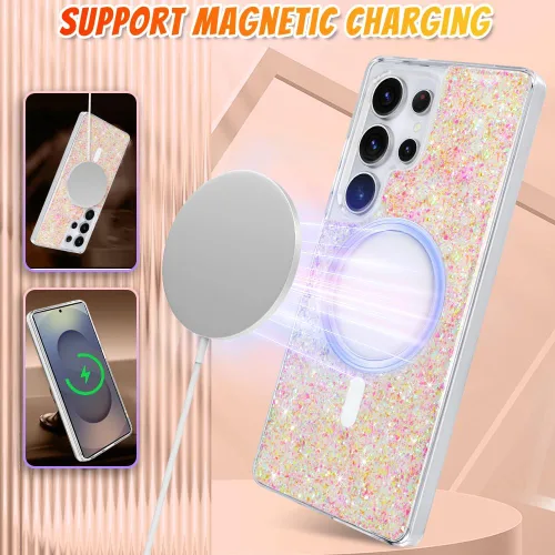 Vista 32 de Bonoma - Funda compatible con Samsung Galaxy S21 Plus, diseño de corazón con purpurina, color rosa Support for MagSafe, Plating Magnetic Case TPU