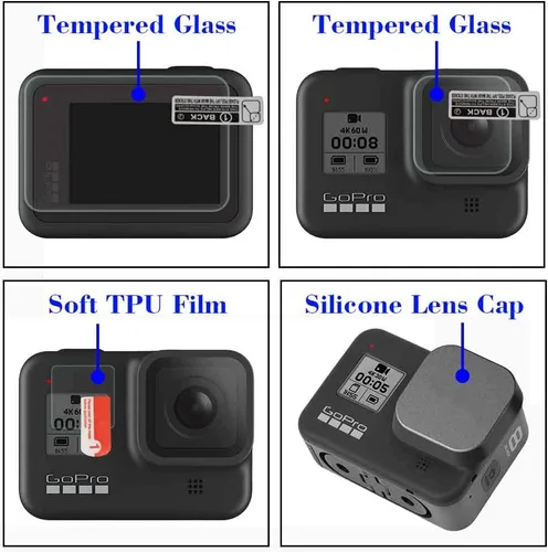Vista 3 de ULBTER Protector de pantalla para cámara GoPro Hero 8 Hero8 negro + protector de pantalla de lente + cubierta de tapa de lente, protector de vidrio