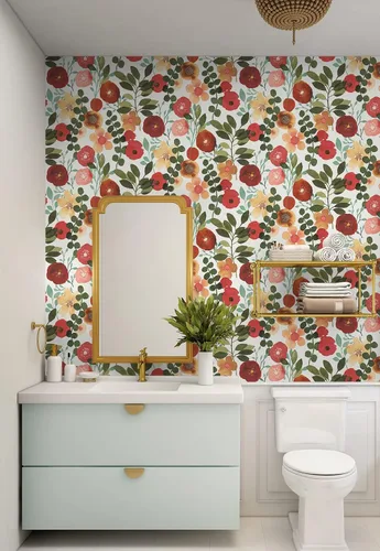 Vista 4 de NextWall Garden Dance Floral - Papel tapiz autoadhesivo (rubí y verde cazador)