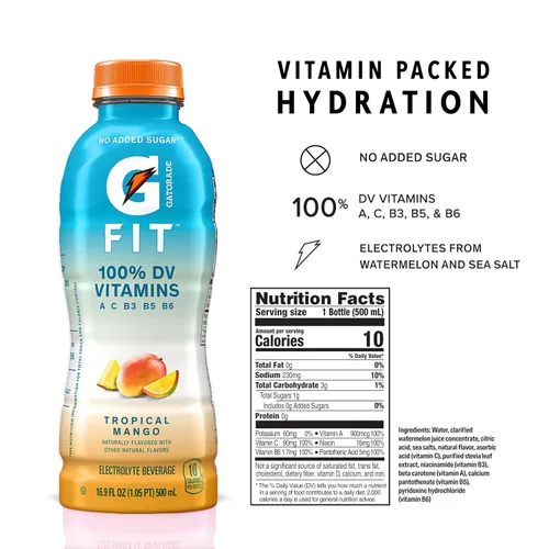 Vista 2 de Gatorade Fit - Bebida con electrolitos, hidratación real saludable, mango tropical, botellas de 16.9 onzas (paquete de 12)
