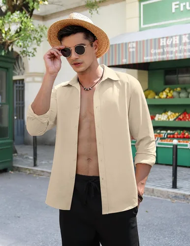 Vista 3 de COOFANDY Camisas de lino de manga larga con botones para hombre