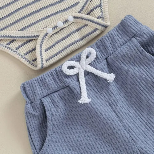Vista 6 de Maemukilabe Conjunto de sudadera de manga larga a rayas para bebé recién nacido, conjunto de pantalones con cordón