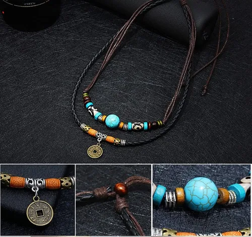 Vista 4 de Beulous Collar de cuero con cuentas de doble capa estilo tribal vintage para hombre y mujer, con colgante para surfista de verano y playa, Cuero, No