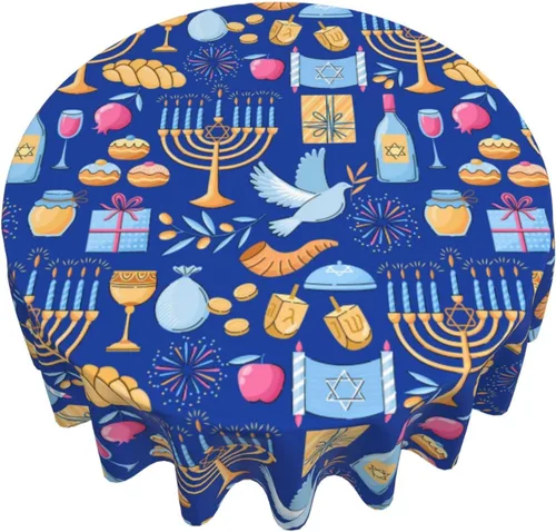 Vista 2 de Happy Hanukkah - Mantel redondo de festival judío de Hanukkah, mantel redondo, lavable, decorativo, para cocina, cena, fiesta, talla única