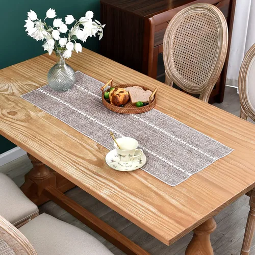 Vista 11 de Camino de mesa rústico de granja con rayas trenzadas, caminos de mesa bordados, decoraciones de mesa para cocina, sala de estar, comedor, días