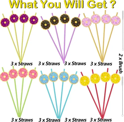 Vista 6 de 24 popotes reutilizables con forma de dona y arco iris loco para suministros de fiesta de cumpleaños, decoraciones de fiesta con 2 cepillos
