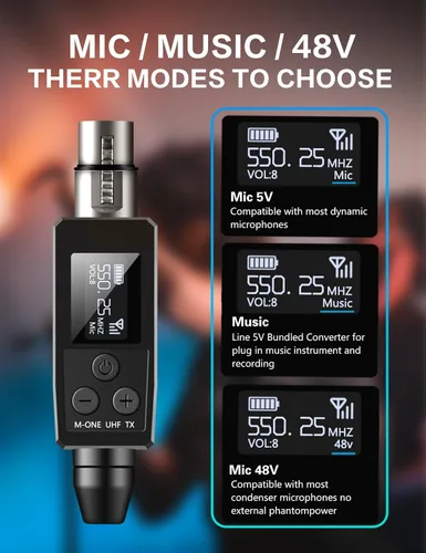 Vista 3 de EBJ Sistema de micrófono inalámbrico UHF transmisor XLR inalámbrico y receptor para micrófonos dinámicos/capacitivos, fuente de alimentación Phantom