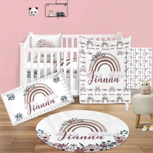Vista 23 de Juego de ropa de cama para cuna de bebé, 5 piezas, diseño de bolas y arco iris, manta de bebé con nombre personalizado, sábana bajera para cuna