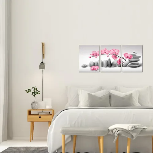Vista 5 de SkenoArt 3 piezas de pintura de flores de orquídea, arte de pared, piedras zen, rosa, floral, impresiones de imágenes de meditación pacífica, obras