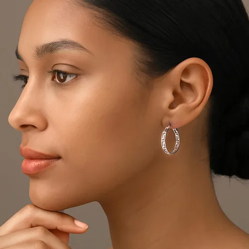 Vista 3 de LeCalla Aretes de aro de plata de ley 925 con llave griega, ligeros, con parte superior de clic, patrón de corte de pared griega para mujer Pared