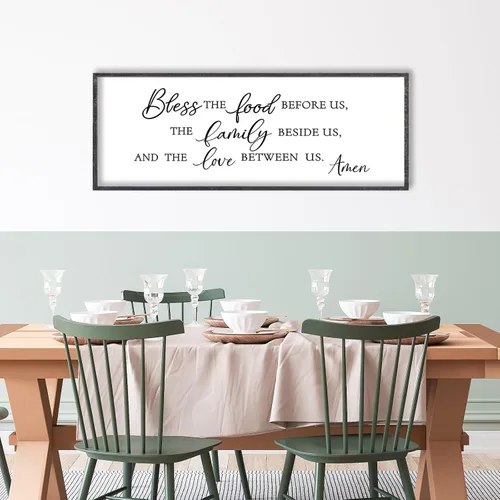 Vista 3 de LuZhiQiang Arte de pared para comedor 81,3×30,5 cm "Bless The Food Before Us" Letrero cristiano para cocina, cita familiar agradecida, cuadro grande