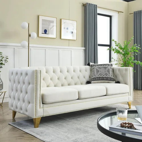 Vista 11 de Modern 3 Seater Couch Black Velvet Sofa Upholstered Button Tufted Nailhead Trim, Square Arm Loveseat Sofa, Sturdy Golden Metal Legs, 80.5'' Couch