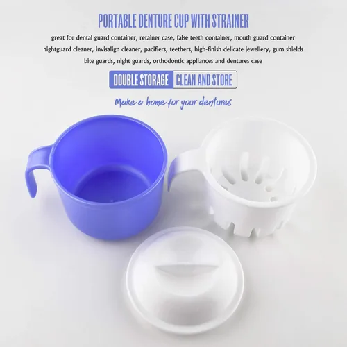 Vista 5 de Taza de baño de dentadura grande, taza de baño de dientes falsos con colador y tapa para remojar dentaduras o almacenar chupetes, capacidad de 10.6