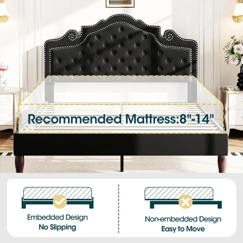 Vista 6 de WEEWAY Base de cama de plataforma de tamaño matrimonial con tiara ajustable de terciopelo, cabecero curvado y alta resistencia, botón tapizado