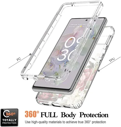 Vista 3 de Funda para Pixel 6A, para Google6A GX7AS con protector de pantalla de vidrio templado, cubierta protectora de cuerpo completo con bonito patrón Flor