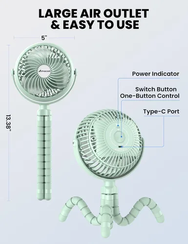 Vista 8 de AMACOOL Ventilador para cochecito de bebé, 5000 mAh, recargable Verde