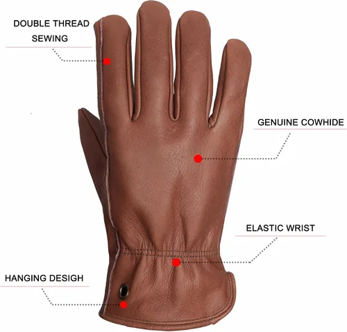 Vista 3 de Guantes de trabajo de cuero de vaca marrón retro para construcción, jardinería y trabajo en el jardín con palma reforzada para hombres y mujeres