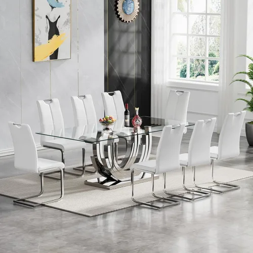 Vista 12 de Juego de mesa de comedor de cristal dorado moderno de 70 pulgadas para 4, juego de mesa rectangular de 5 piezas con base de acero en forma de anillo